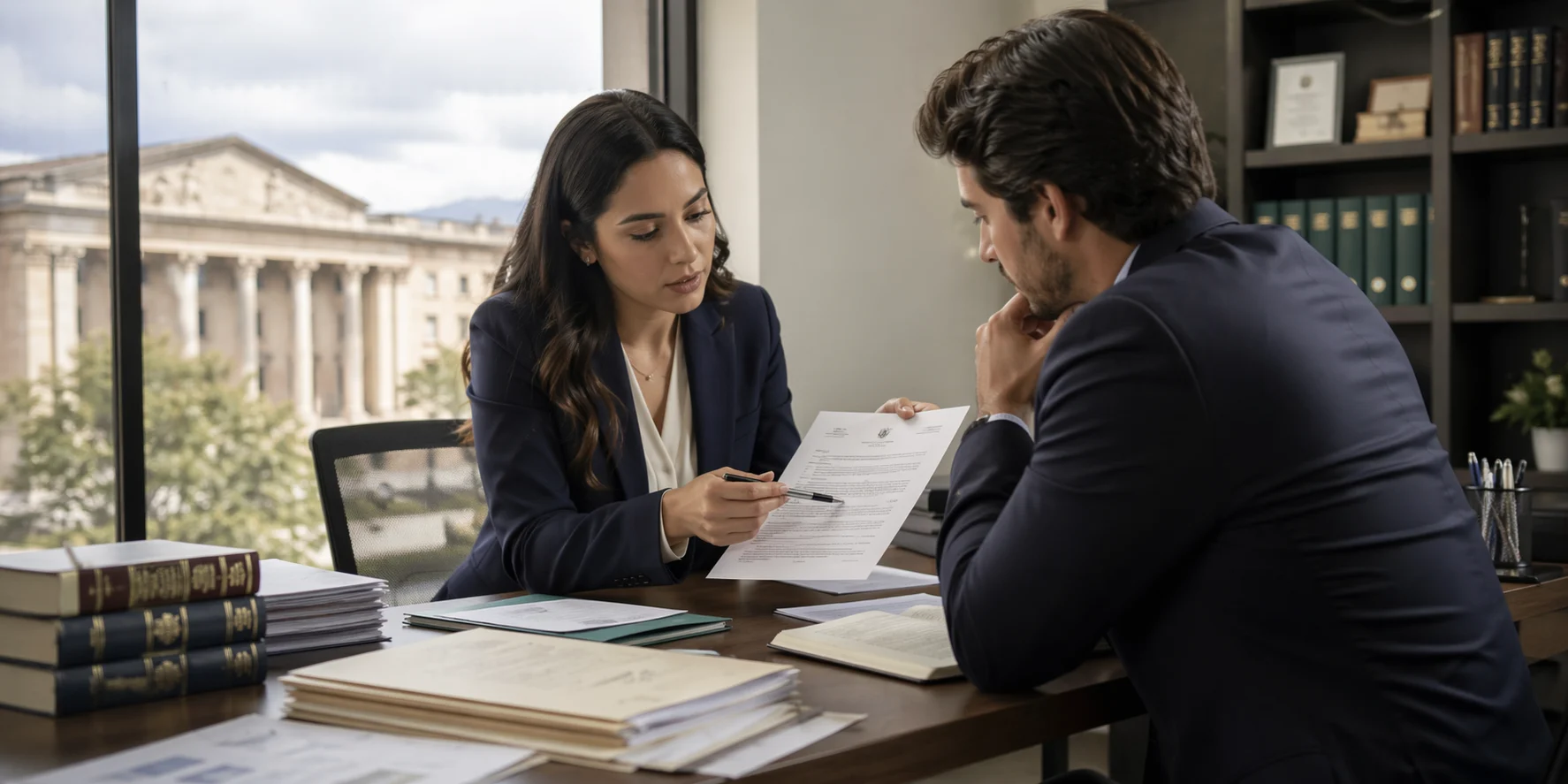 Abogada revisando un proceso administrativo con un cliente
