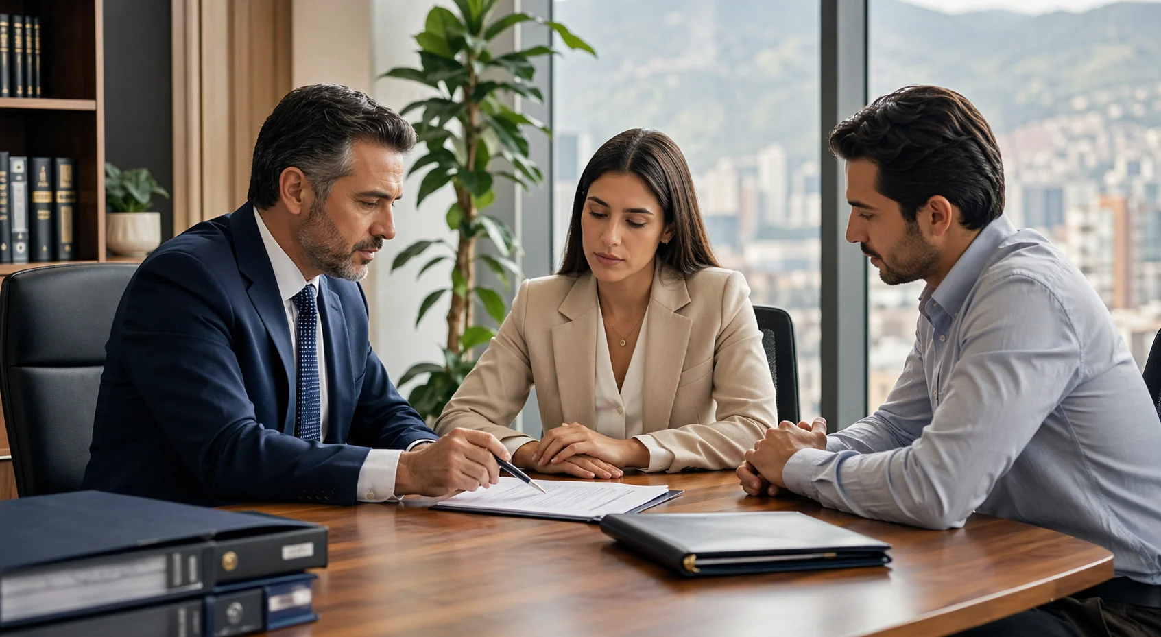 Abogado laboral revisando contratos con clientes en una oficina
