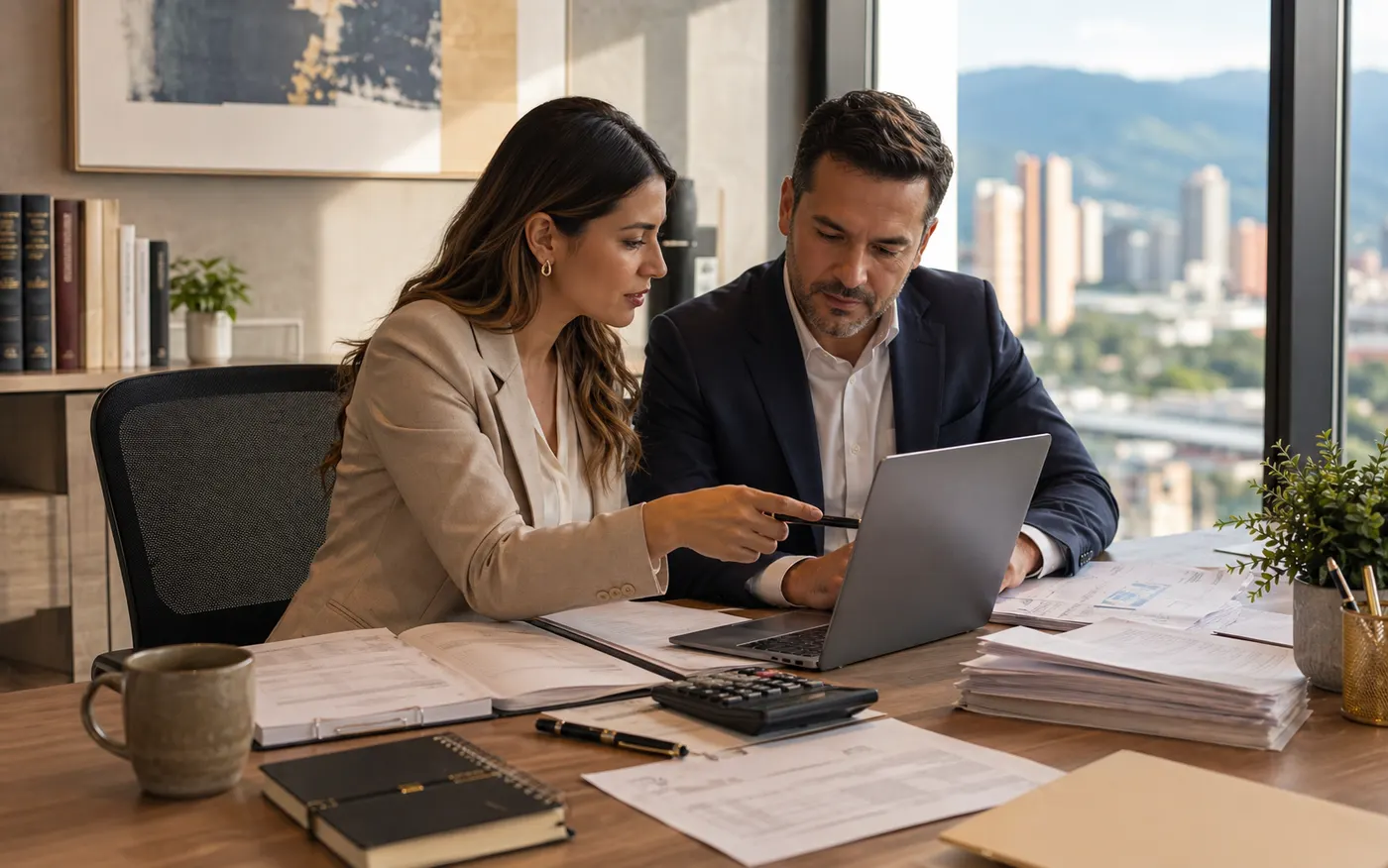 Abogada revisando documentos legales y una calculadora