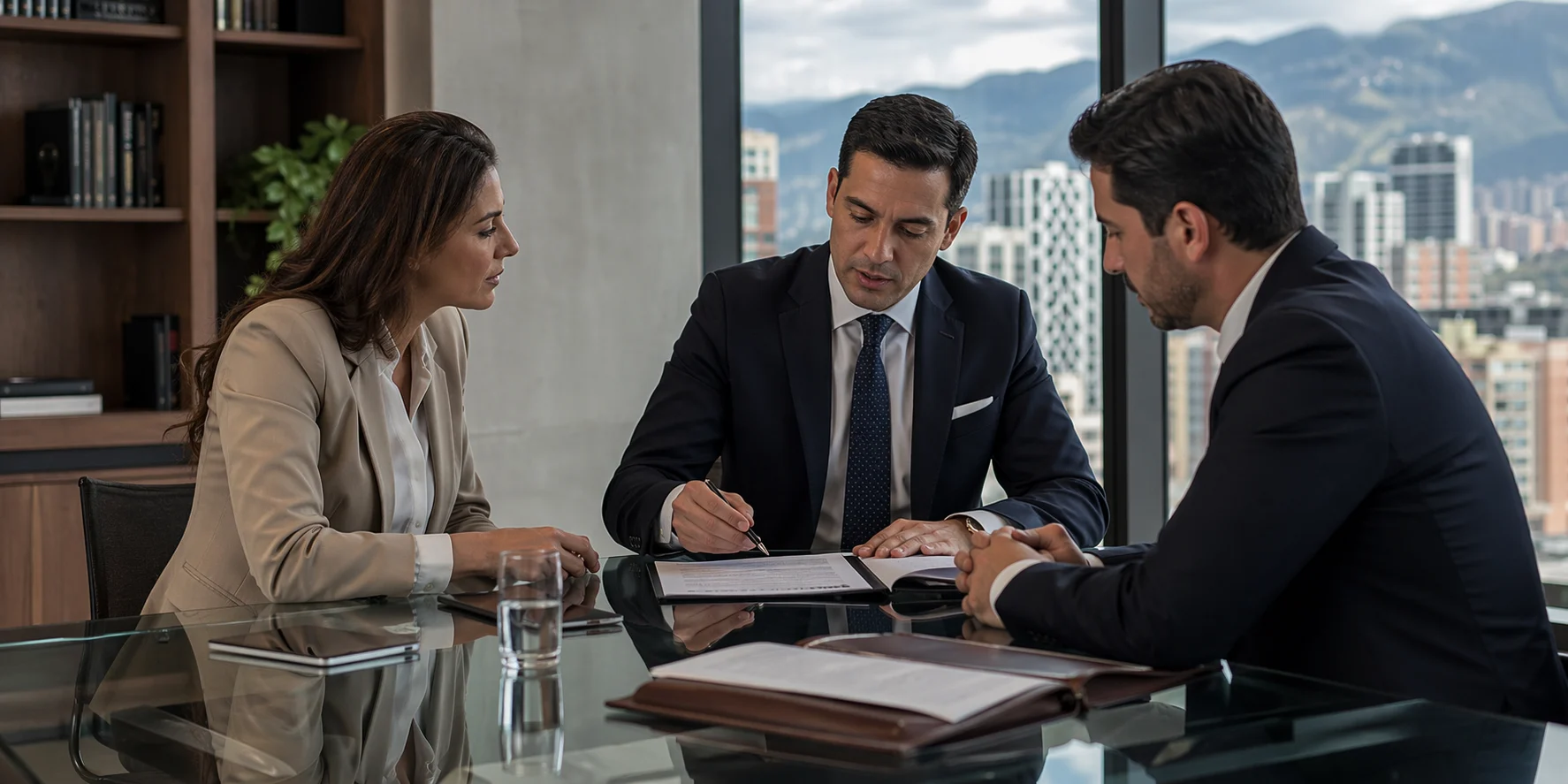 Reunión empresarial para revisar contratos comerciales